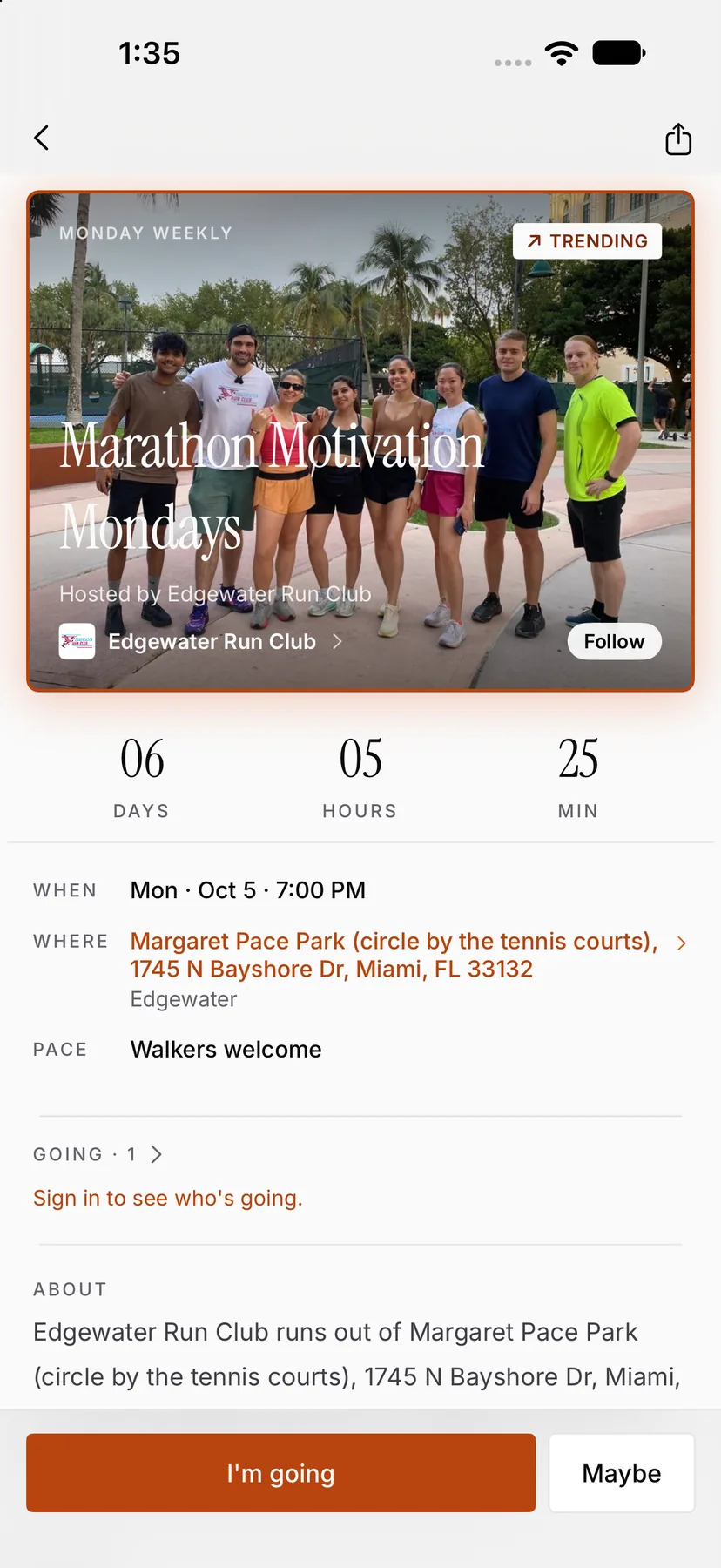ODDS Running run page with countdown, meeting point and RSVP