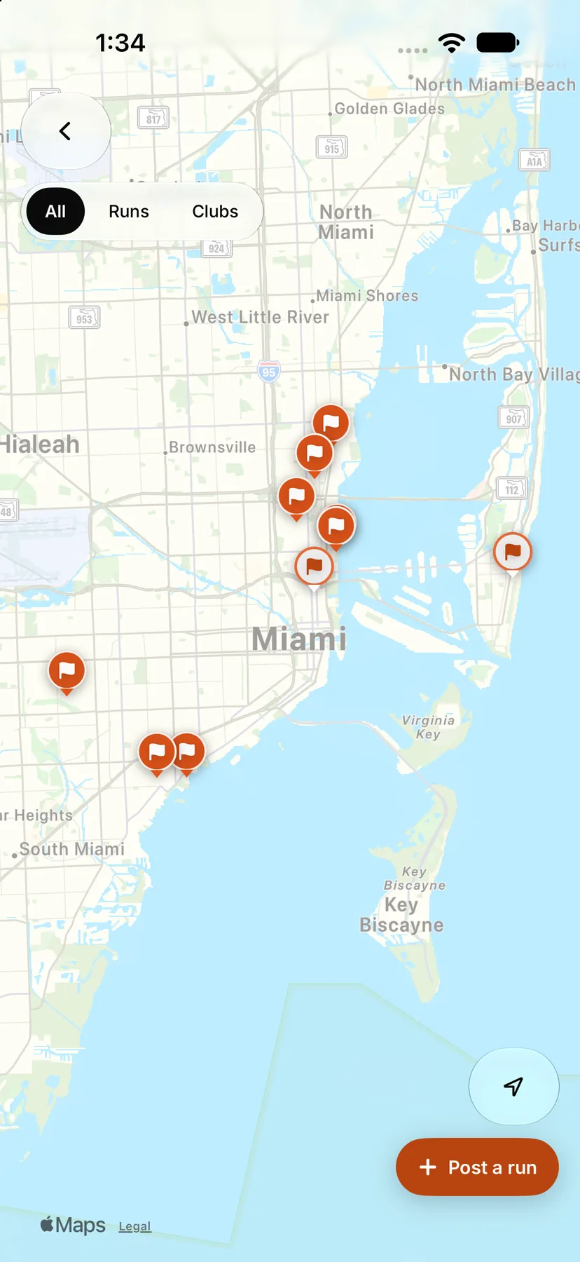 ODDS Running map with a pin on every run-club meeting point